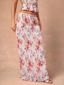 L'Amorae 夏季女士，粉色和白色花卉印花褶皱长裙，简约时尚日常休闲，女士半身裙，长裙。适合约会之夜、音乐会、演出、派对、俱乐部、晚会、音乐节、度假 - 彩色 - 查看 2