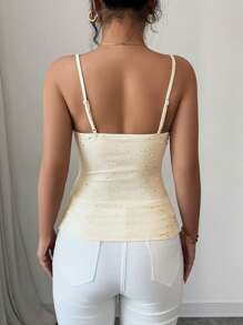 Chiquease Débardeur élégant et sexy pour femmes avec bretelles fines, col en V plongeant, style ajusté, en tissu de maille transparente couleur champagne avec des strass scintillants. Convient pour les sorties et les vacances, printemps/été - Nude - Voir 2