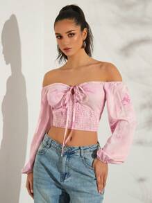 Glamine Floral Print Off Shoulder Tie Neck Bow Cuff Long Sleeve Elegant Blouse For Women, Spring/Summer Tops Pink Tie Up Top - Multicolor - View 4