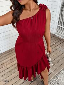 SHEIN VCAY 大码情人节度假浪漫红色中国新年不对称肩部 3D 花朵装饰前开衩连衣裙，适合情人节、西方、节日、波西米亚风、嬉皮士、女牛仔、波西米亚风、夏季连衣裙、浪漫连衣裙、红色优雅连衣裙 - 紅色 - 查看 4