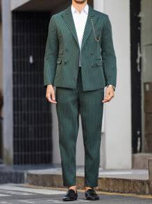 Manfinity Mode Plus 男士时尚绿色细条纹西装套装双排扣西装外套和长裤 - 綠色 - 查看 4
