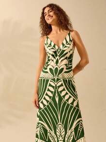 CAJUNI Women's Boho Tropical Black & Beige Print Dress, Casual Holiday Summer Dress