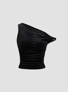 SHEIN Unity European & American Style Women's New Summer Solid Color Velvet Material One Shoulder Ruched Asymmetric Sexy Fitted Blouse - Red and Black - View 3