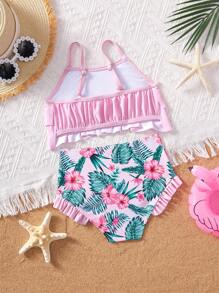 SHEIN Leap Crew 年轻女孩两件套荷叶边领针织泳衣套装（比基尼上衣和泳裤）