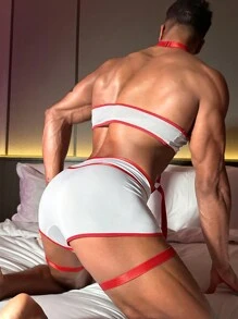 Men's 3pcs Costume Set: Pants, Top, Accessories - Red and White - View 3