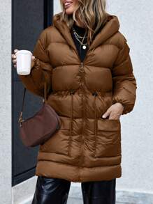 EURMUSE Women's Hooded Puffer Jacket With Padding - Chocolate Brown - View 3