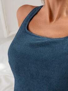 SHEIN Swim Springbreak Damen einfarbiger gestrickter Jacquard Kreuzgurt Lässig Ein-Teiler Badeanzug, Boho-Festival - Blau - Übersicht 4