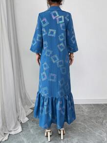 Al Najma 女式褶皱印花长袖休闲长裙，简约阿拉伯风格 - 藍色 - 查看 2