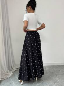 Modelyn 女式印花梭织黑色碎花松紧腰喇叭裙 - 黑色 - 查看 2