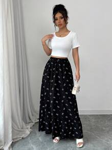 Modelyn 女式印花梭织黑色碎花松紧腰喇叭裙 - 黑色 - 查看 3