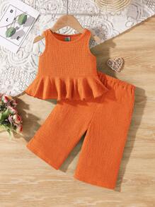 SHEIN Baby Girl Summer Solid Textured Sleeveless Top And Elastic Waist Loose Pants Set - Orange - View 1