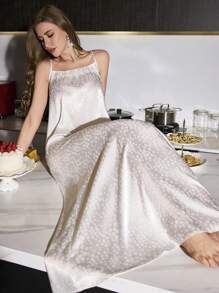 SilkySpell 女士对比色蕾丝提花仿丝无袖长睡袍，Moo Moo - 白色 - 查看 3