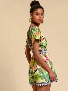 Travachic Tropical Print Batwing Sleeve Romper - Multicolor - View 6