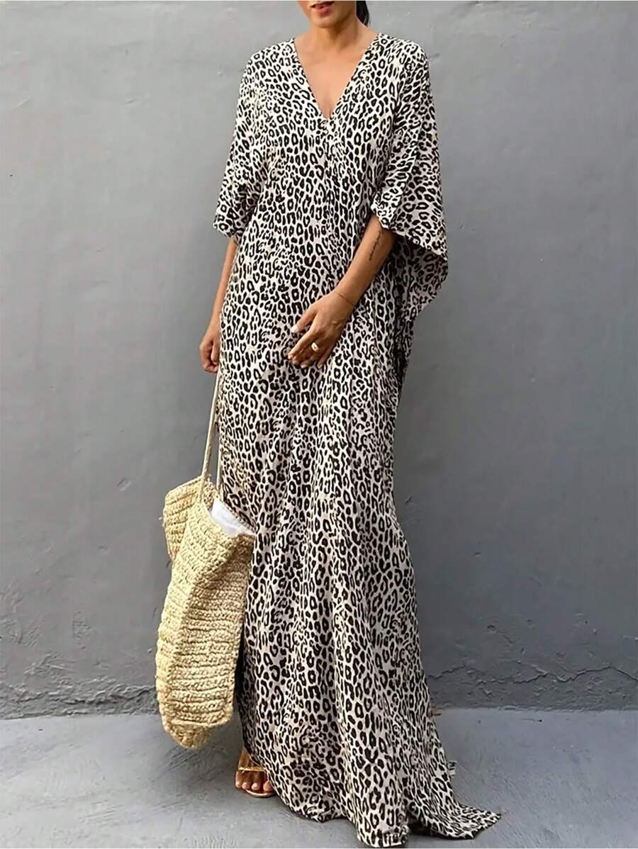 SHEIN LUNE Plus Size V-Neck Leopard Print Casual Long Dress - Multicolor - View 1