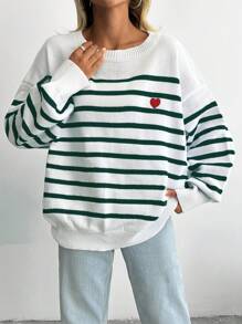 SHEIN Cottnline 条纹与心形图案落肩毛衣 - 綠色 - 查看 5