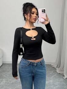 Modelyn 女士黑色针织短款金属纽扣 T 恤 - 黑色 - 查看 7
