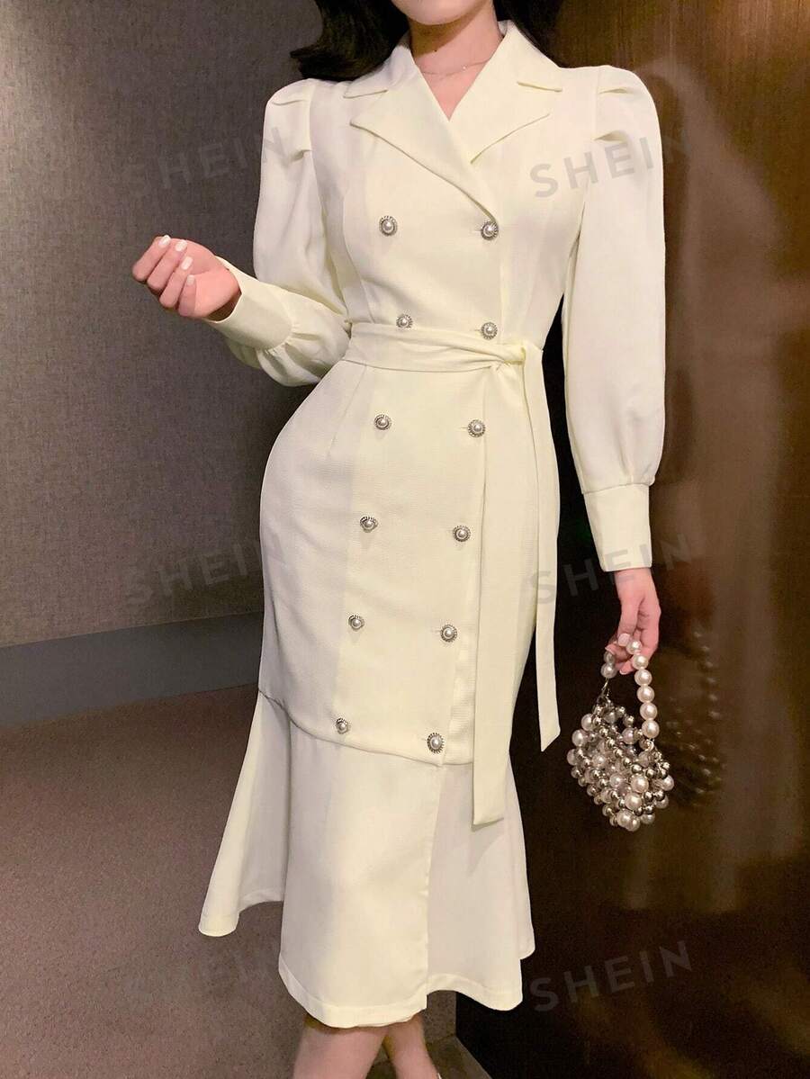 DAZY Vestido midi liso con mangas abullonadas y escote en V, para mujer, con volantes, vestido largo de manga larga para otoño