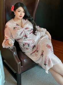 Dazy Plus Floral Pattern Full Length Wrap Velvet V-Neck Dress, Holiday Vacation Beach Wear, Spring/Summer