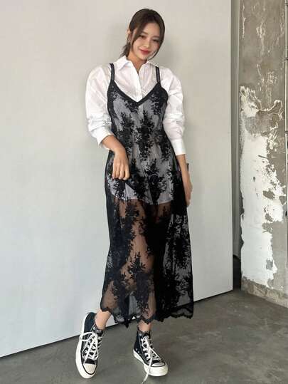 DAZY Vestido de longitud media casual para mujer sin mangas, transparente con encaje