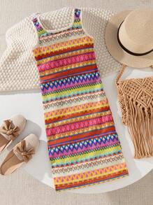 Young Girl Wide Strap Striped Casual Loose Dress - Multicolor - View 2