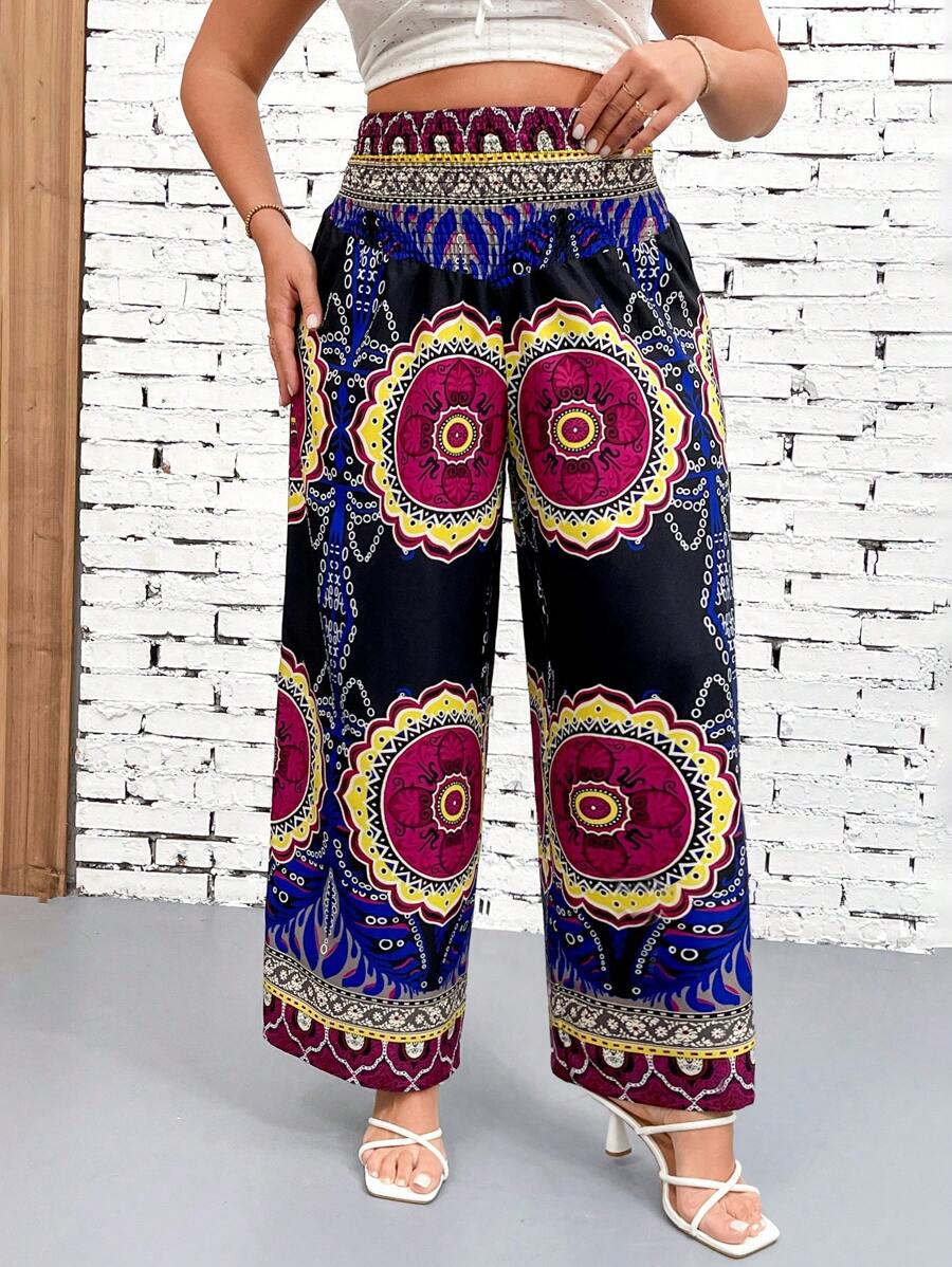 Breezaya Pantalon large vintage élégant noir pour le travail, taille élastique, tissu à imprimé floral rétro, convient pour le printemps, l'été et l'automne, grande taille - Noir - Voir 1