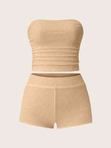 SHEIN Unity 2pcs/Set Women Solid Color Pleated Bustier Top And Shorts Set - Multicolor - View 4