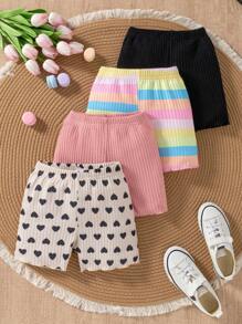 SHEIN Set de 4 shorts de estilo casual diario para niñas jóvenes con estampado de corazones, acanalados y lisos en colores variados - Multicolor - Ver 1