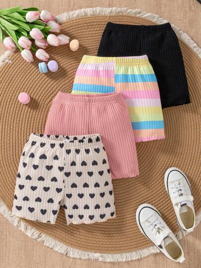 SHEIN Set de 4 shorts de estilo casual diario para niñas jóvenes con estampado de corazones, acanalados y lisos en colores variados