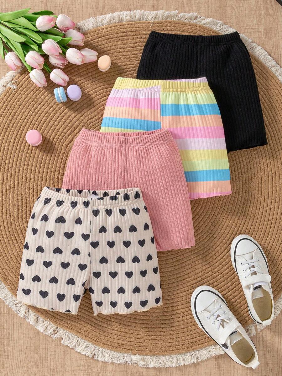 SHEIN 4pcs/Set Young Girl Colorful Ribbed, Heart Printed, Plain Ribbed Daily Casual Shorts - Multicolor - View 1