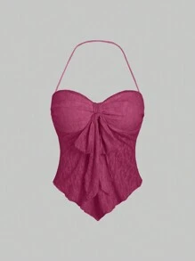 Sweetra Top de cuello halter de unicolor elegante con encaje