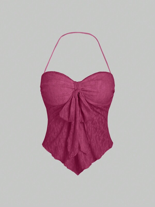 Sweetra Elegant Solid Color Lace Halter Neck Top