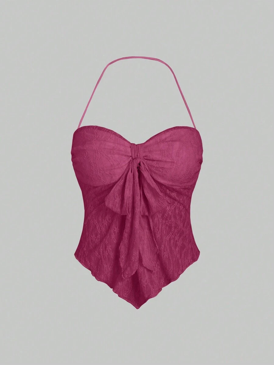 Sweetra Elegant Solid Color Lace Halter Neck Top - Hot Pink - View 1