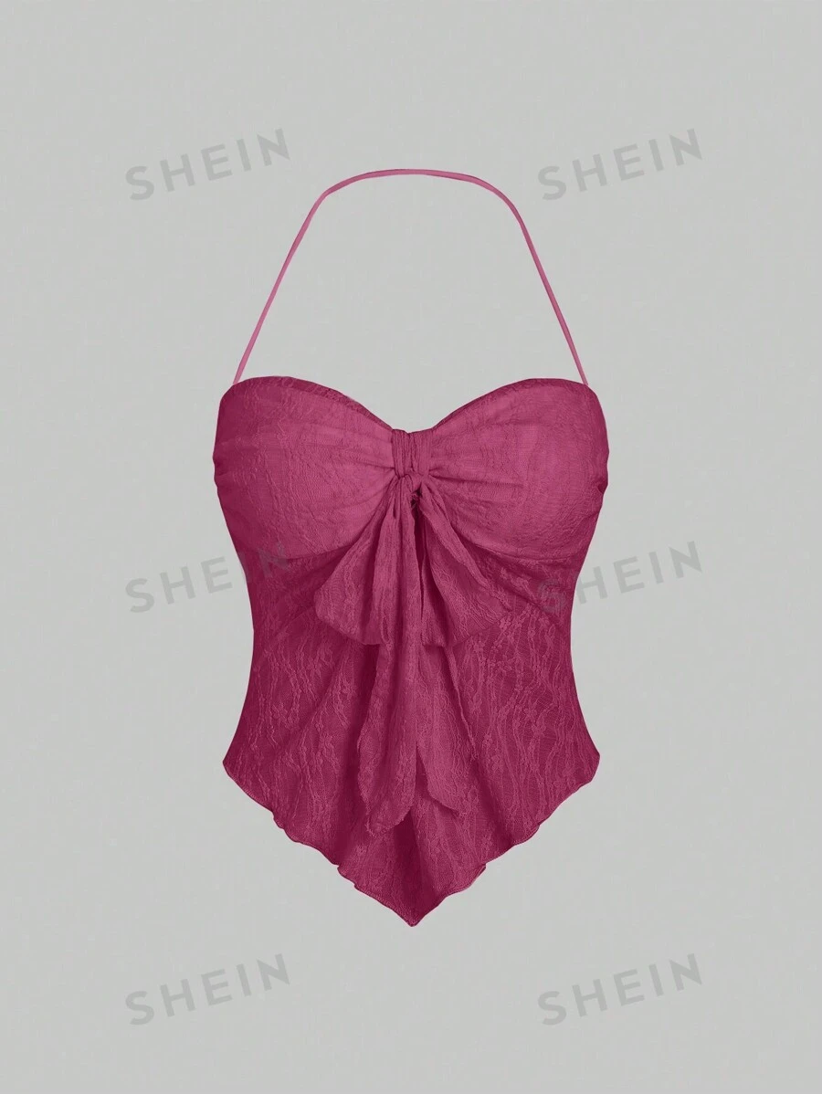 Sweetra Top de cuello halter de unicolor elegante con encaje