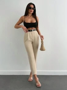 SHEIN Cottnline Women Creased Straight Leg Trousers With Slanted Pockets - Beige - View 3