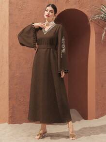 Al Najma 女士土耳其风格和阿拉伯传统长裙，朴素的卡夫坦 - 咖啡棕 - 查看 8