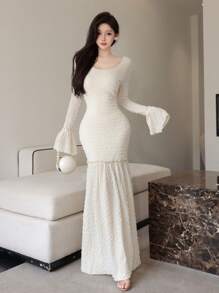 Modelyn Women U-Neck Bell Sleeve Patchwork Mermaid Hem Bodycon Elegant Date Dress - Apricot - View 2