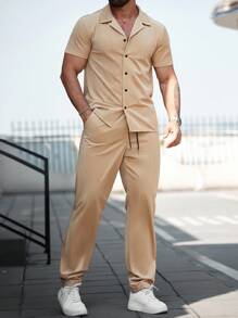 Manfinity Homme 2pcs Plus Size Men's Minimalist Button-Up Short Sleeve Top And Long Pants Set - Champagne - View 3