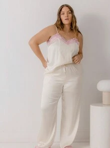 Aralina Plus Size Curve Satin Lace Trim Valentines Shirred Front Silky Cami With Scrunchie For Summer