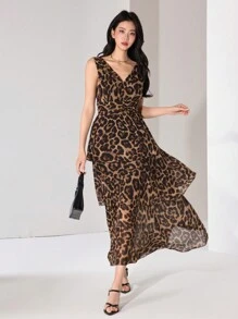 Modelyn Vestito casual senza maniche con scollo a V e stampa leopardata da donna - Castano - Visualizzare 6