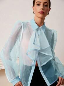 Revavyn Áo cánh tay đèn lồng cổ bèo nhún organza thanh lịch lãng mạn kiểu Pháp, thích hợp cho ngày lễ tình nhân, mùa xuân và mùa hè - Màu xanh lam - Xem 6