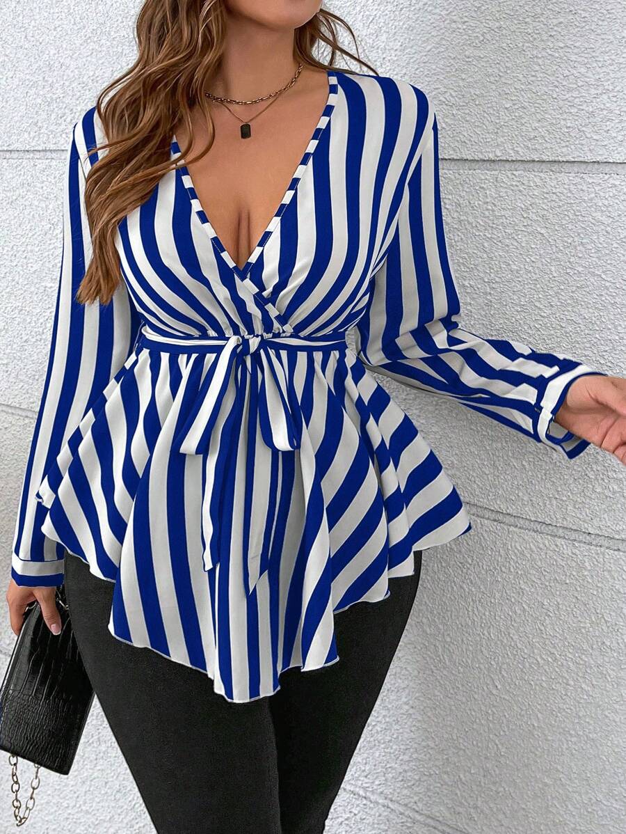 Maweii Plus Size Striped Printed Cross Collar Asymmetrical Hem Blouse Peplum Top - Blue - View 1