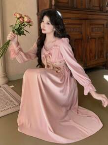 DAZY Women's Patchwork Collar Bowknot Frill Trim Mid-Length Dress,Fall Dress Long Sleeve Dress - Pink - View 10