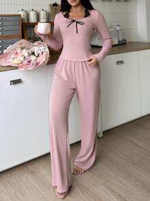 Valentine's Day 2pcs Lace Trim Tie-Up Sweet Y2K Style Women Pajama Set
