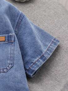 SHEIN Explorewe Bộ 3 trang phục mùa hè phong cách Mỹ cổ điển cho bé trai: Áo sơ mi denim thiết kế rộng rãi + Áo phông trắng + Quần short denim thường ngày - Màu xanh lam - Xem 6
