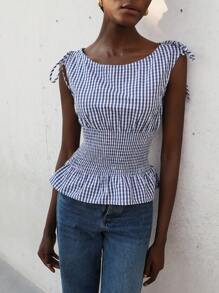 Aveloria Modichic 复古学院风蓝色格子蝴蝶结腰部收褶设计性感女式吊带背心衬衫 - 彩色 - 查看 3