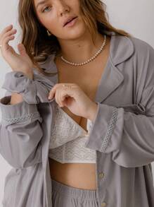 Aralina Curve Soft Jersey Relaxed-Fit Button Up Shirt And Wide-Leg Pants Lounge Set With Scrunchie