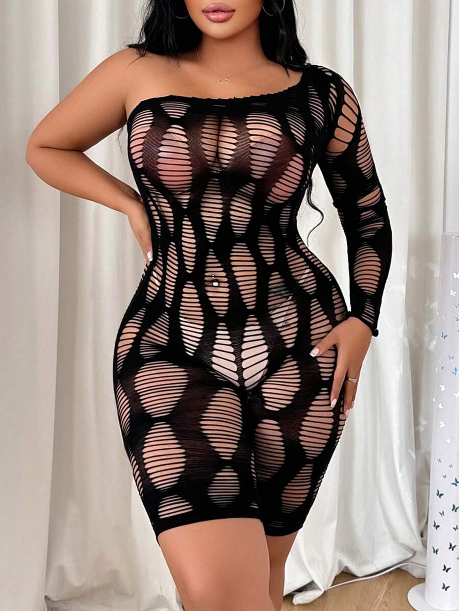 1 Stück Große Größen Damen sexy Bodysuit mit Ausschnitt und kurzen Ärmeln - Schwarz - Übersicht 1