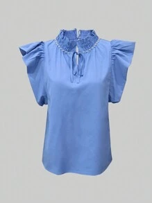 SHEIN Privé 女士纯色仿珍珠装饰休闲衬衫 - 藍色 - 查看 1