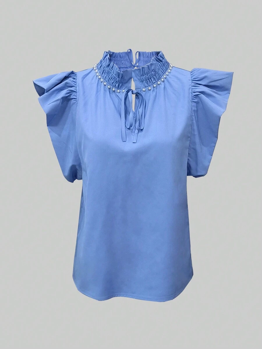 SHEIN Privé 女士纯色仿珍珠装饰休闲衬衫 - 藍色 - 查看 1