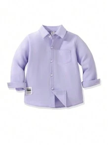 SHEIN Explorewe Camisa de manga larga de unicolor casual para niño, con logotipo decorativo, se combina bien con pantalones casuales, adecuado para uso casual diario, viajes, reuniones, escuela, una versátil prenda superior para primavera/otoño - Púrpura malva - Ver 7